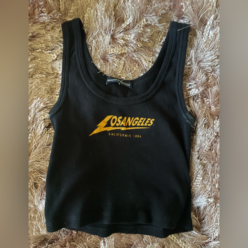 Brandy Melville Black Los Angeles Lightning Bolt Crop Tank Ribbed one Size (Sm)
